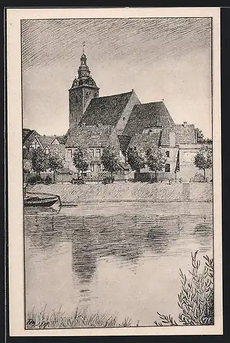 Künstler-AK Havelberg, Ansicht der St. Laurentiuskirche mit Havel