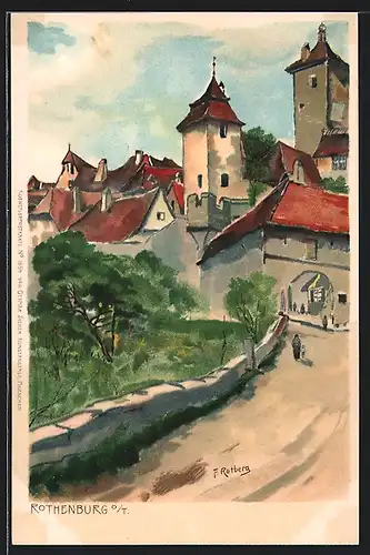 Lithographie Rothenburg o.T., Ortsansicht mit Tordurchgang