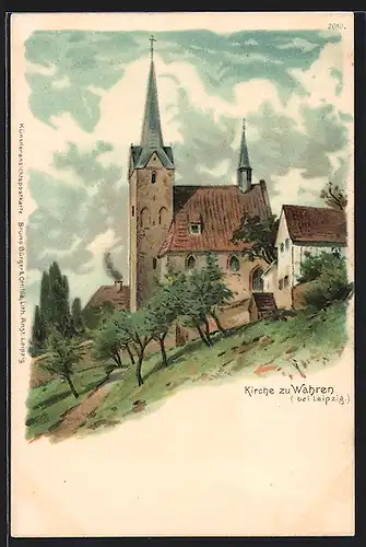 Lithographie Wahren / Leipzig, Blick zur Kirche
