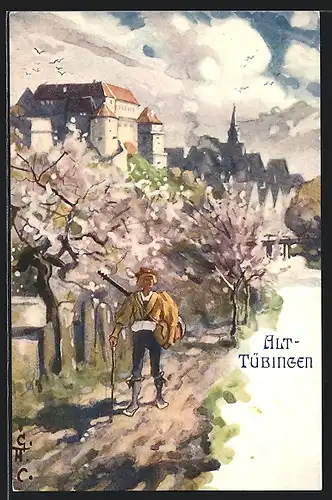 Künstler-AK Tübingen, Wegpartie mit Blick zum Schloss