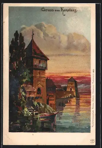 Lithographie Konstanz, Ortsansicht vom Bodensee