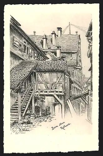 Künstler-AK Tübingen, Partie am alten Rathaus