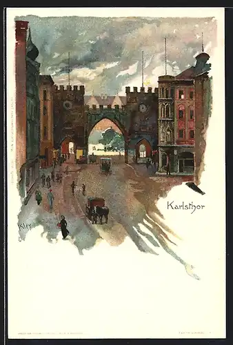 Künstler-AK Heinrich Kley: München, Karlsthor mit Pferdekutsche und Passanten