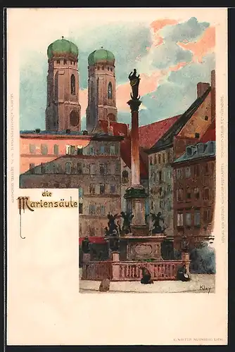 Künstler-AK Heinrich Kley: München, Die Mariensäule mit Kirche