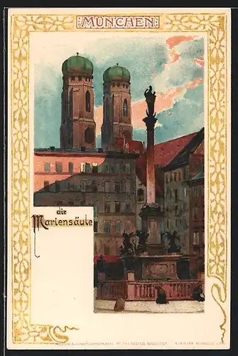 Lithographie München, Frauenkirche und Mariensäule