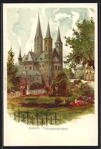 Lithographie Bonn, Parkpartie an der Münsterkirche