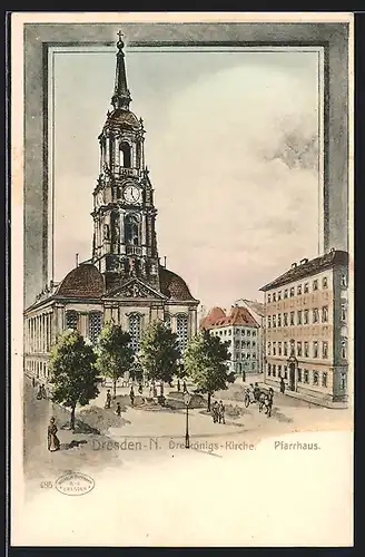 Lithographie Dresden-Neustadt, Dreikönigs-Kirche un Pfarrhaus an der Rähnitzgasse