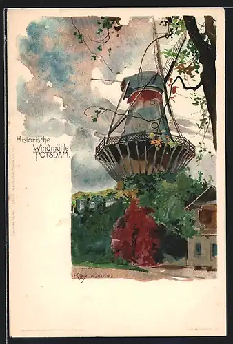 Künstler-Lithographie Heinrich Kley: Potsdam, Historische Windmühle