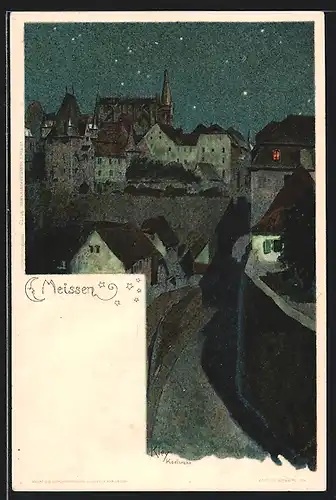 Künstler-Lithographie Heinrich Kley: Meissen, Ortsansicht bei Nacht