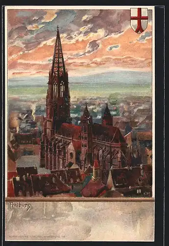 Künstler-AK Heinrich Kley: Freiburg, Blick über die Dächer der Ortschaft mit Dom