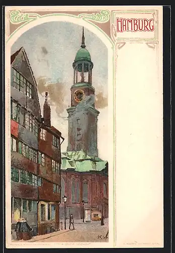Künstler-AK Heinrich Kley: Hamburg, Strassenpartie mit Blick auf die Kirche