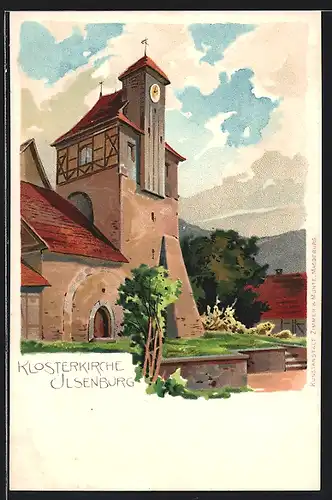 Lithographie Ilsenburg, Klosterkirche vor blauem Himmel