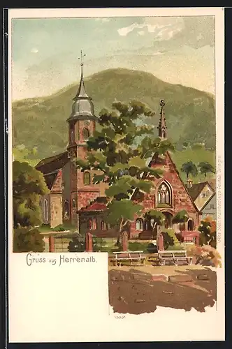 Lithographie Herrenalb, Die Kirche mit Parkbänken