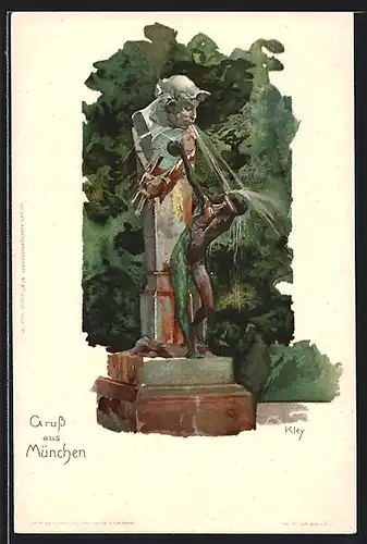 Künstler-AK Heinrich Kley: München, Brunnen mit Panskulptur im Park