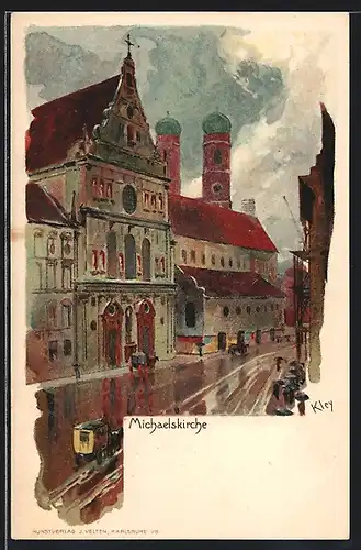 Künstler-AK Heinrich Kley: München, die Michaeliskirche, Pferdekutsche