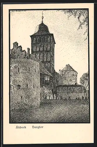 Künstler-AK Lübeck, Burgtor mit Passanten