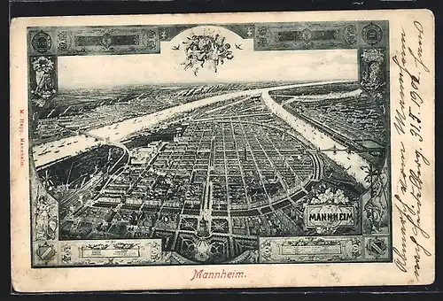 AK Mannheim, Ortsansicht aus der Vogelschau
