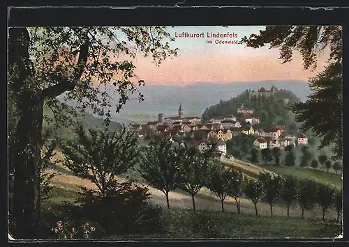 AK Lindenfels im Odenwald, Ortsansicht hinter Bäumen