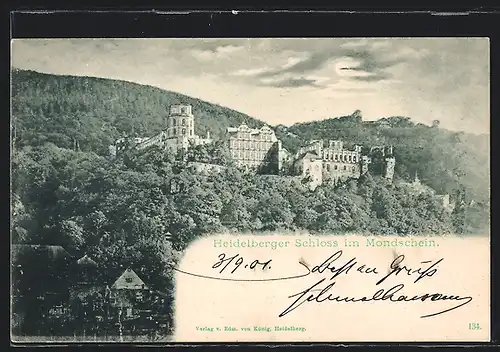 AK Heidelberg, Blick auf das Schloss im Mondschein