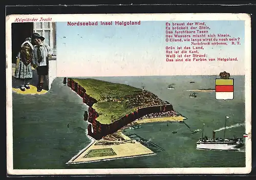Künstler-AK Helgoland, Helgoland aus der Vogelschau, Wappen, Kinder in Helgoländer Tracht