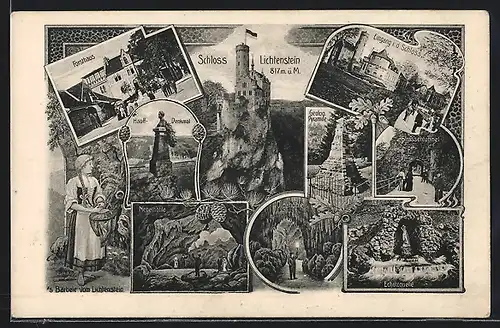 AK Lichtenstein, Schloss mit Echatzquelle, Forsthaus, Strassentunnel