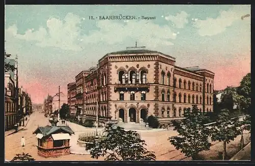 AK Saarbrücken, Bergamt, Kiosk, Strassenbahn