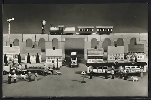 AK Seiffener Holzspielzeug, Auf Schienen und Strassen rollt Verkehr