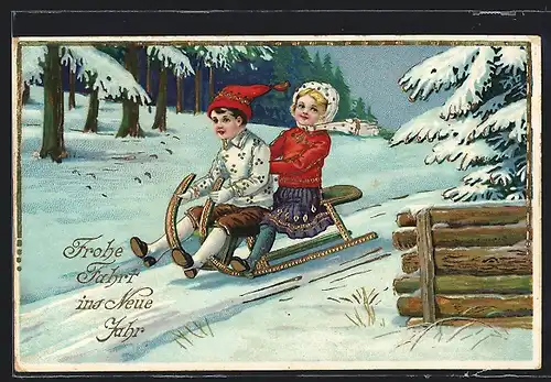 AK Kinder fahren im verschneiten Wald Schlitten