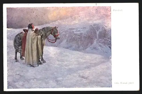 Künstler-AK Parsival mit seinem Pferd im Schnee wird erleuchtet