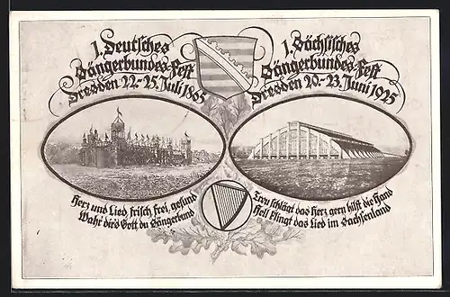 AK Dresden, 1. Deutsches Sängerbundesfest 1865 und 1. sächsisches Sängerbundesfest 1925, Festhallen, Wappen