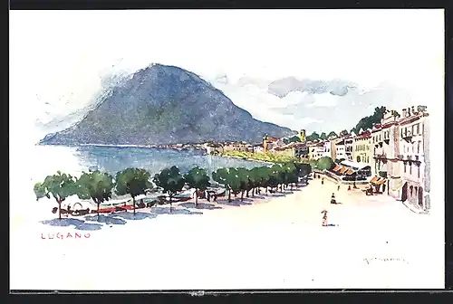 Künstler-AK Lugano, Teilansicht am See