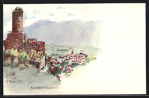Künstler-AK Martigny, Ortsansicht von der Burg La Bâtiaz aus