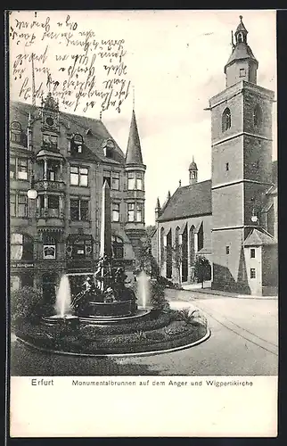 AK Erfurt, Monumentalbrunnen auf dem Anger und Wigbertikirche