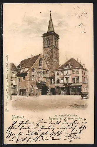 Lithographie Erfurt, Strasse zur St. Aegidienkirche und Eingang zur Krämerbrücke