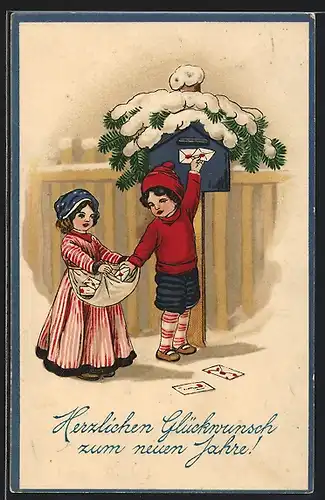AK Kinderpaar mit Briefen am Postkasten, Neujahrsgruss