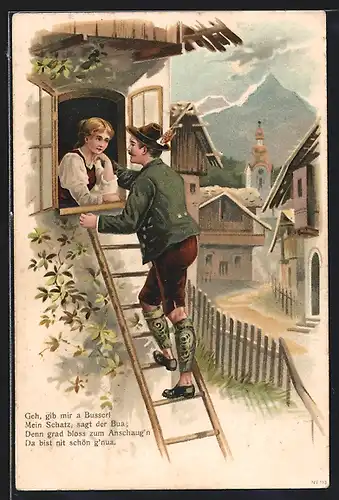 AK Mann in Tracht beim Fensterln, Erotik