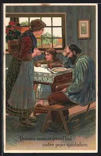 AK Geef ons heden ons dagelijksch brood, Familie mit leerem Teller