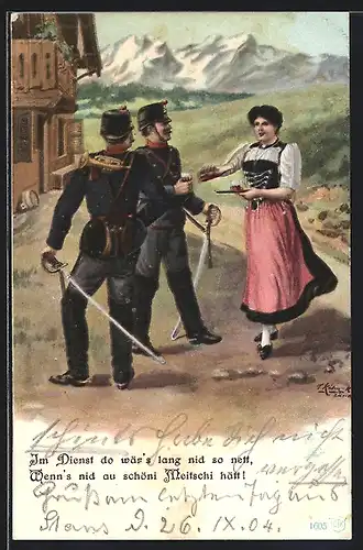 AK Junge Kellnerin im Dirndl bringt den Soldaten ein Getränk, Gastronomie