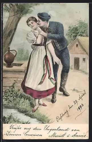 AK Junger Mann bedrängt die Kellnerin mit einem Kuss, Gastronomie