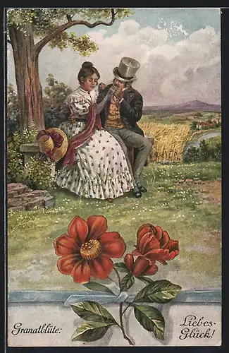 AK Verliebtes Paar sitzt auf einer Bank, Granatblüte: Liebesglück! Blumensprache