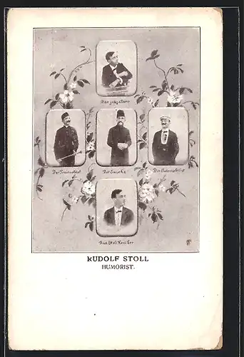 AK Komiker und Humorist Rudolf Stoll in verschiedenen Rollen und Verkleidungen