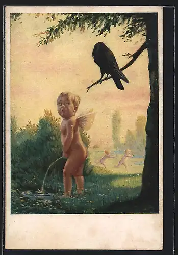 Foto-AK Engel uriniert in einen Teich und wird von einem Raben beobachtet