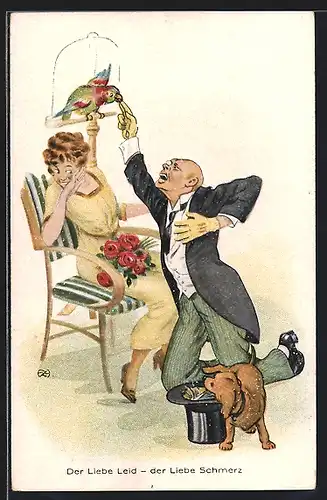 Künstler-AK H.Zahl: Der Liebe Leid, der Liebe Schmerz, Papagei beisst einem Mann in den Finger
