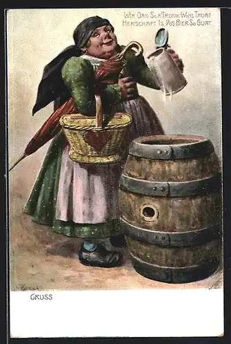 AK Frau in Tracht hält einen grossen Bierkrug in der Hand, Trinkerhumor