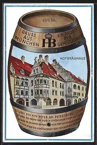 Künstler-AK Hans Boettcher: Münchner Hofbräuhaus in einem Bierfass