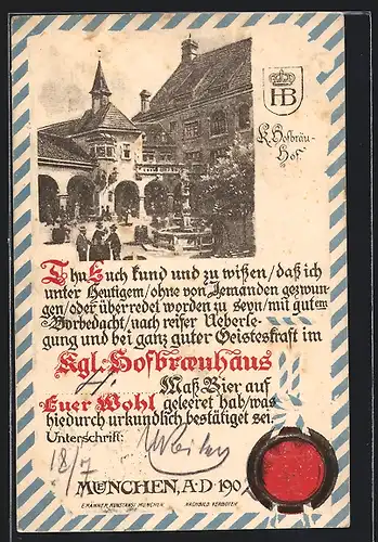 AK München, Münchner Hofbräuhaus, Urkunde über getrunkenes Bier im Hofbräuhaus