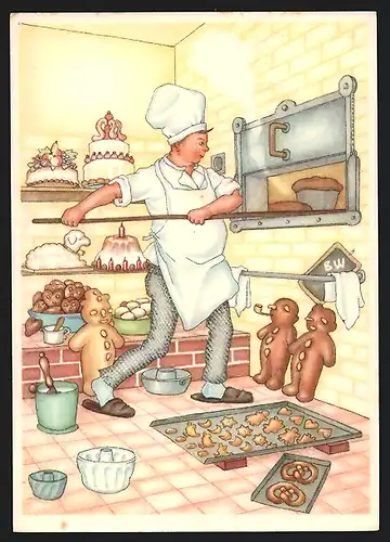 AK Bäcker schiebt das Brot in den Ofen