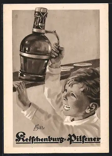 AK Reklame Ketschenburg-Pilsner, Knabe mit Bierflasche