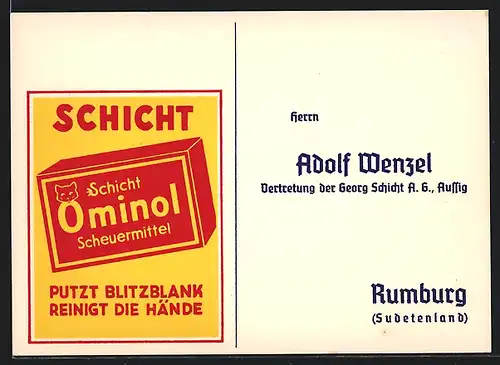 AK Reklame für Ominol Schicht-Scheuermittel, Packung mit Katzenkopf