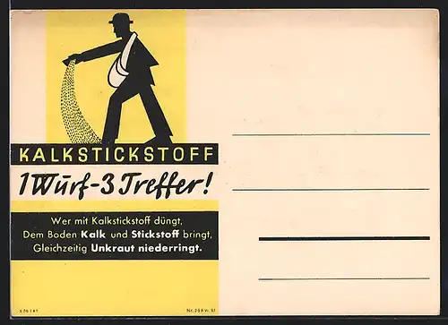 Künstler-AK Reklame, Kalkstickstoff, 1 Wurf - 3 Treffer!